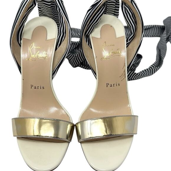 Christian Louboutin Du Desert 100mm Ankle Wrap Sandals Gold Striped Size 37.5 - Picture 6 of 9